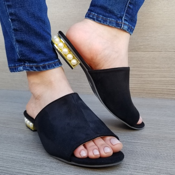 Black Vegan Suede Loafer Open Toe Sandal Pearl - Picture 8 of 8